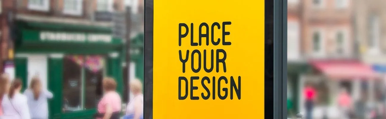 Kollane digiplakat kirjaga „Place your design“ linnatänaval
