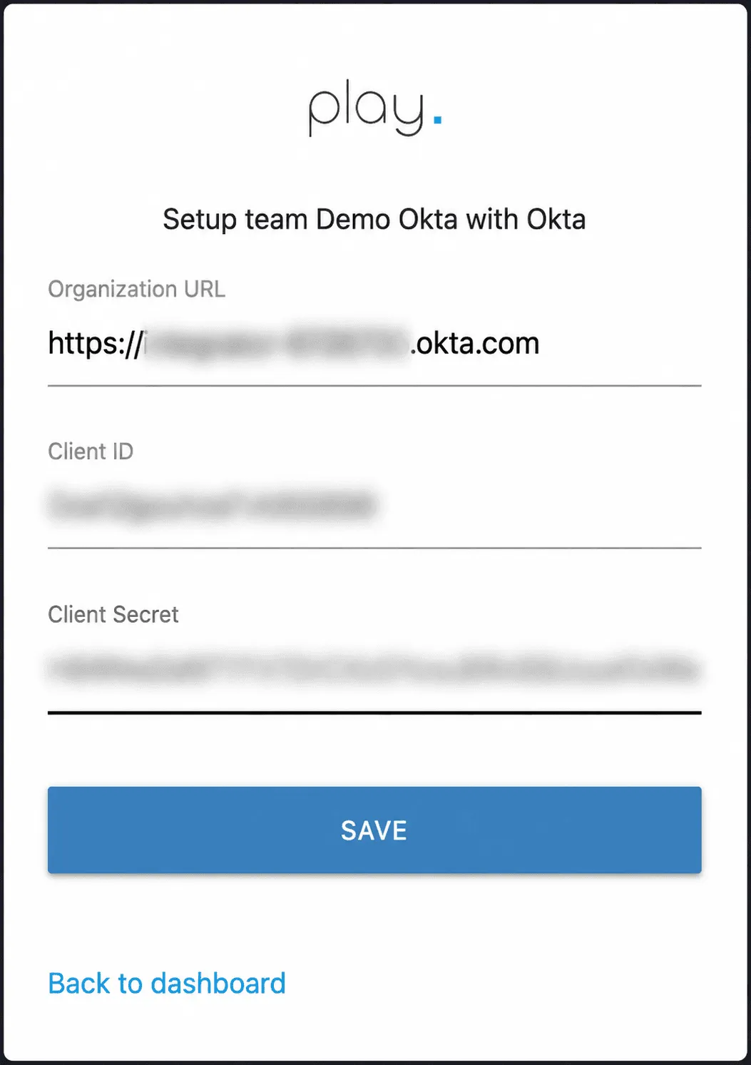 Vorm Okta organisatsiooni aadressi, client ID ja client secret sisestamiseks