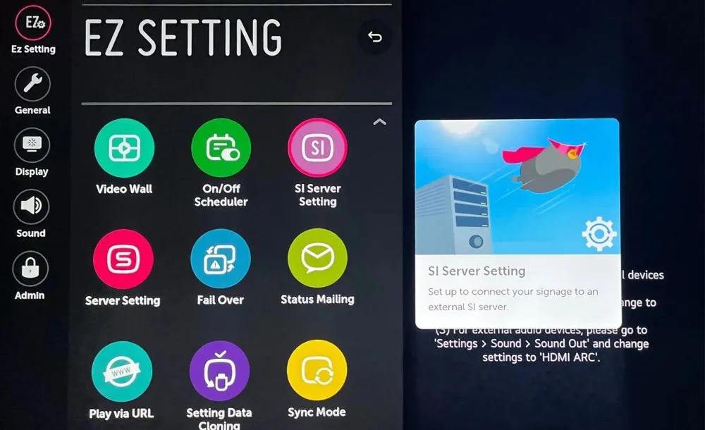 SI Server Setting menüü LG webOS Signage teleris