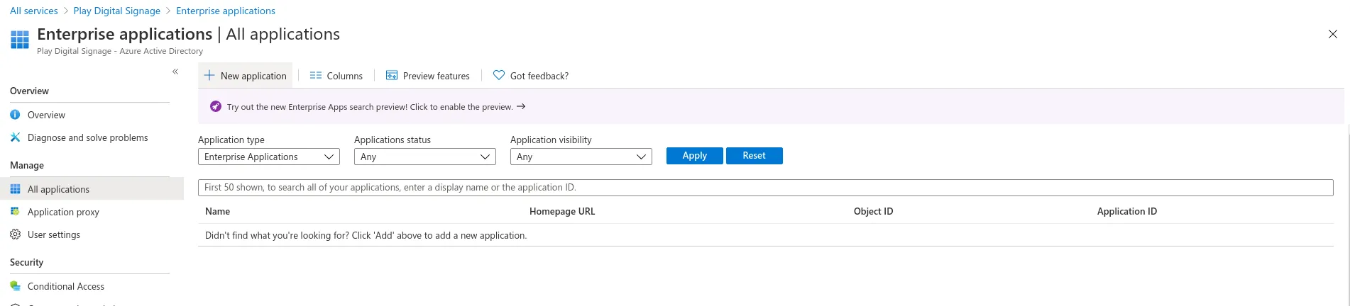 Microsoft Entra leht Enterprise Applications nupuga New Application