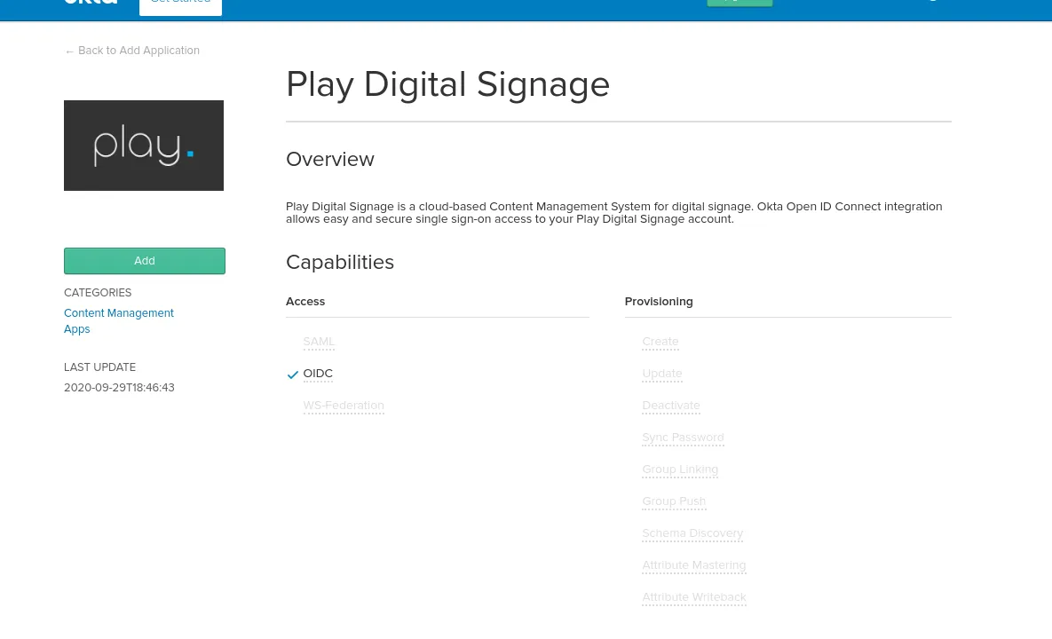 Play Digital Signage’i lisamine Okta organisatsiooni