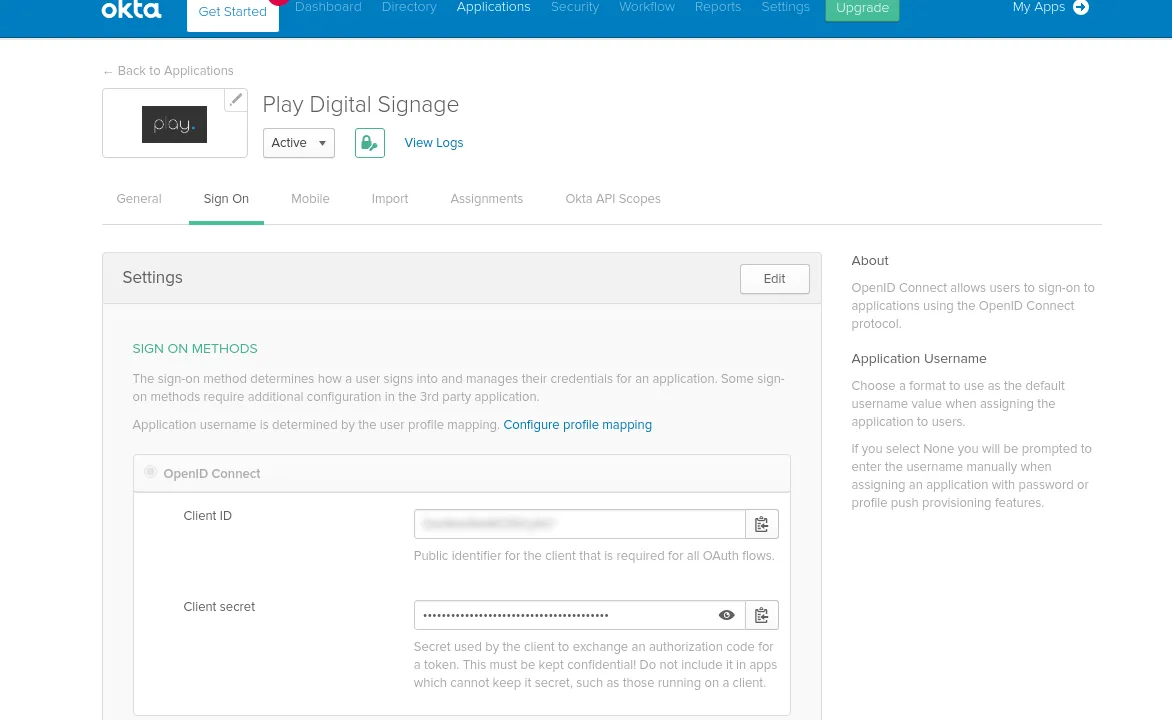 Okta jaotise Sign On seaded, kus on client ID ja client secret