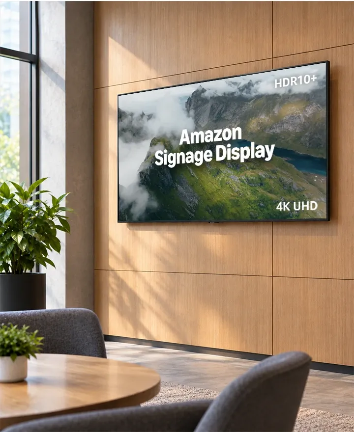 Amazon Signage Display näitab mägimaastikku kontori puhkenurgas