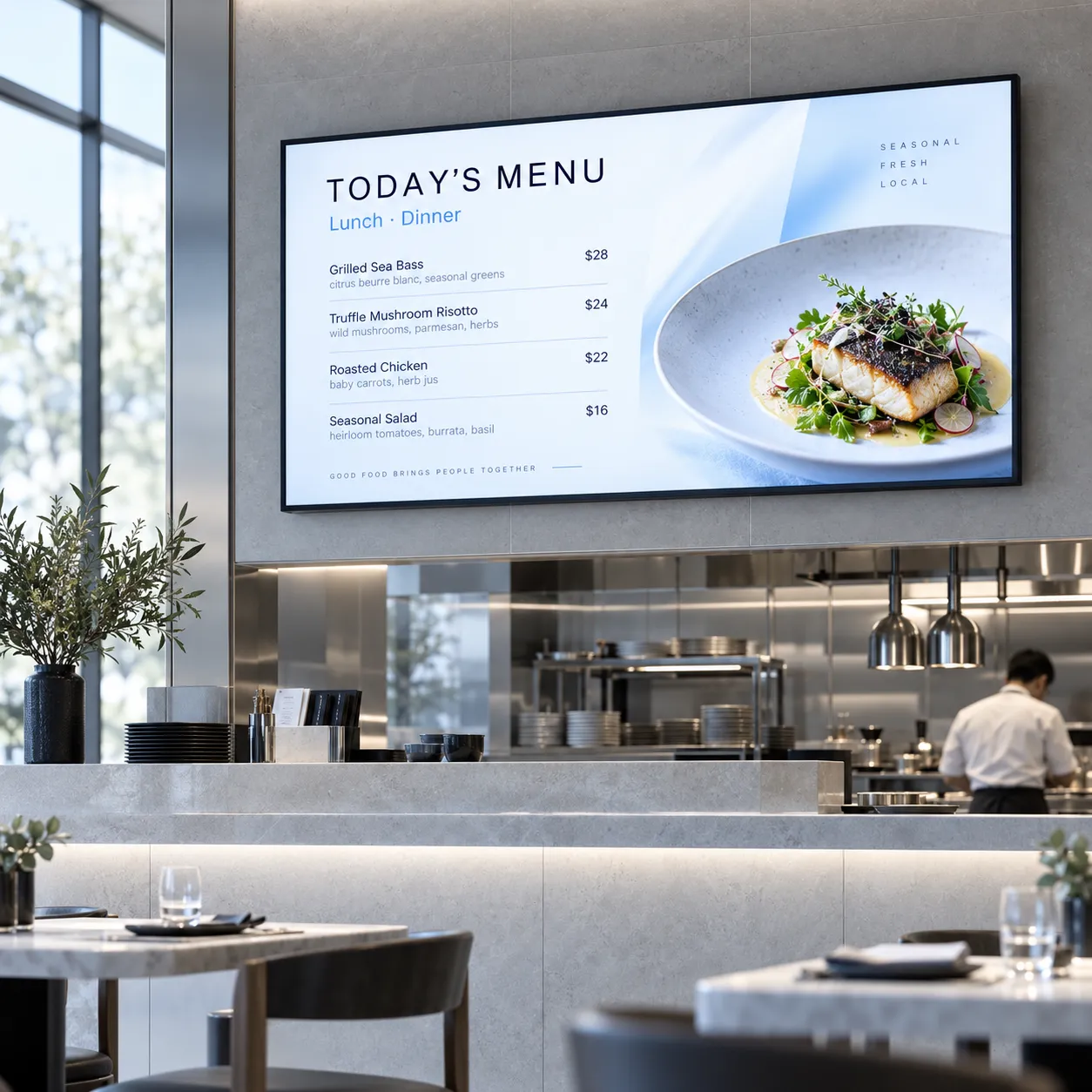 Restoran, mille leti kohal on digitaalne menüüekraan