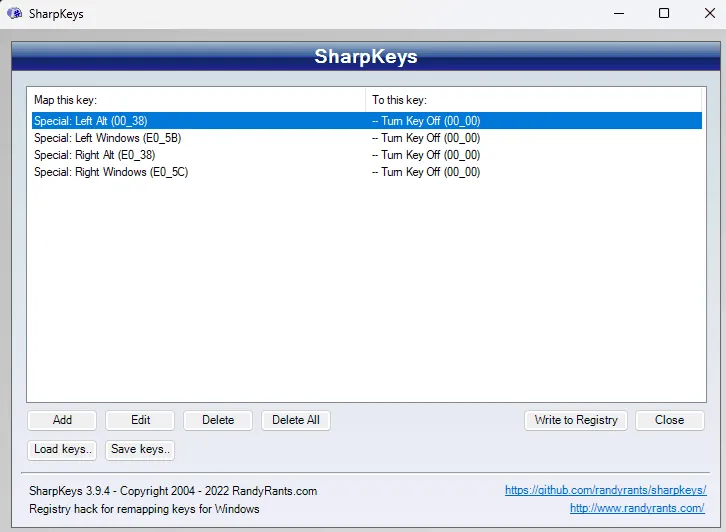 SharpKeys, kus Alt- ja Windowsi klahv on välja lülitatud
