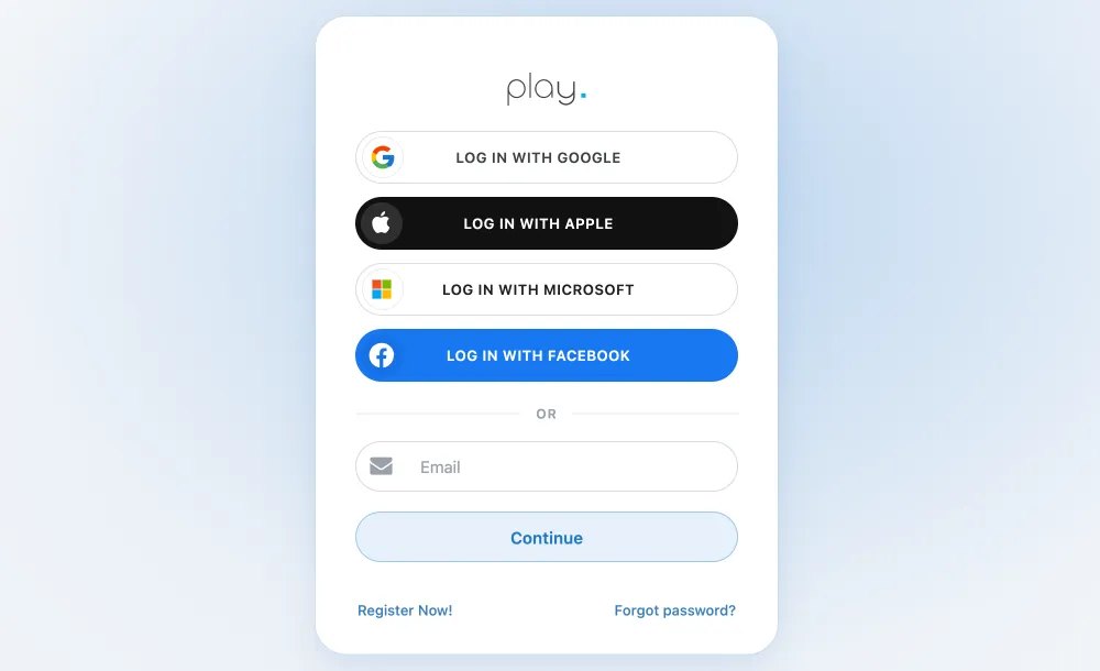 Play sisselogimisleht Google'i, Apple'i, Microsofti, Facebooki ja e-posti valikuga